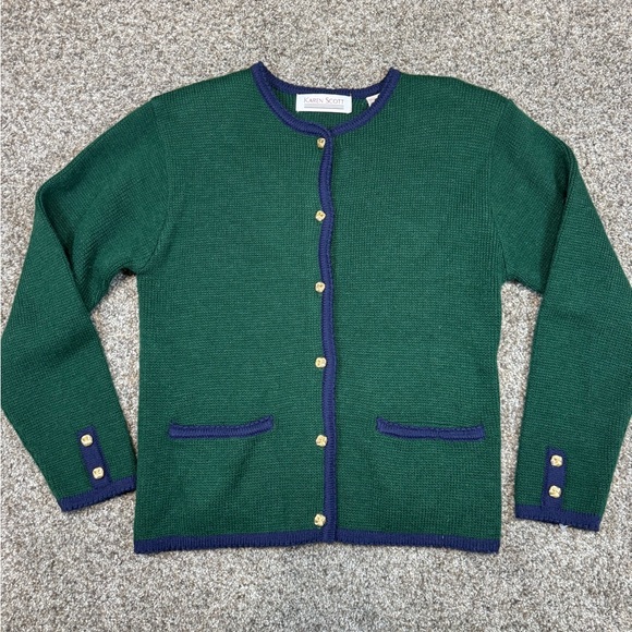 Karen Scott Sweaters - Karen Scott Forest Green Cardigan with Navy Trim